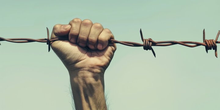 A strong hand tightly grasping onto barbed wire against a clear background, symbolizing struggle, resilience, and perseverance amidst challenging situations in life.