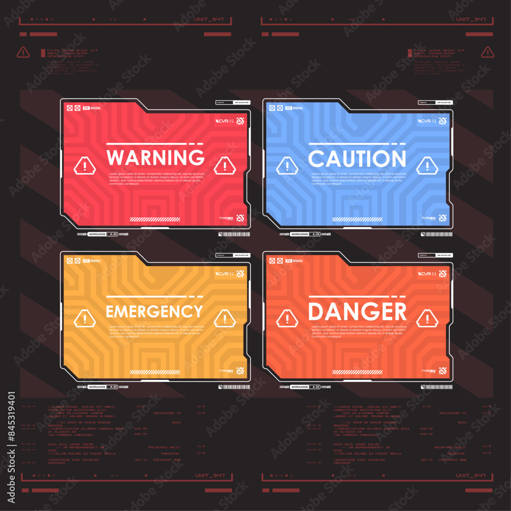 Poster set of warning, attention and alert symbols. futuristic game screen borders and danger signs, vector