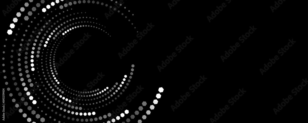 Poster swirling circles of white hexagons on black background. vortex pattern of honeycombs. abstract futur