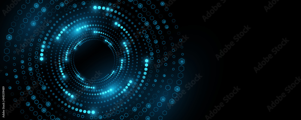 Poster digital circles of glowing swirling hexagons. big data visualization into cyberspace. pattern of hon