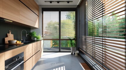 Modern elegant kitchen, with black and wooden cupboards and big window with blinds