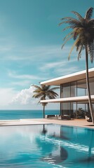Vertical Image Of A Modern Swimming Pool Villa Overlooking The Ocean.