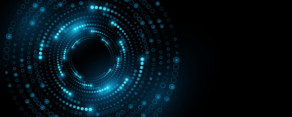Digital circles of glowing swirling hexagons. Big Data visualization into cyberspace. Pattern of honeycombs with light effect. Modern abstract background. Vector illustration