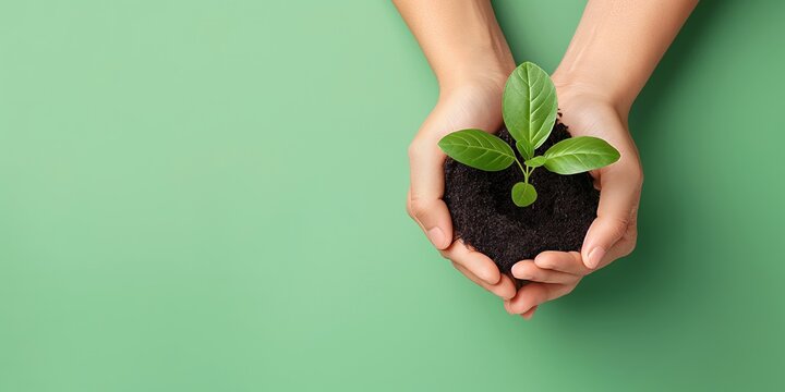 Hands gently cradling a young plant in fertile soil on a green backdrop, representing care for the environment and the importance of fostering new beginnings.