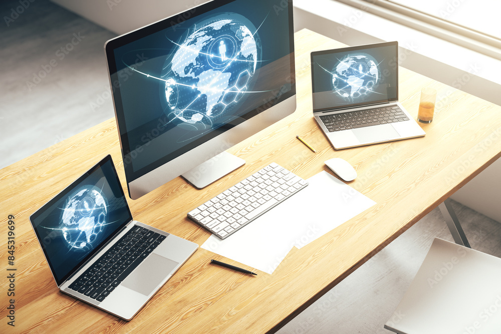 Poster Social network media concept with world map on modern computer monitor. 3D Rendering