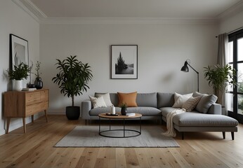 Spacious modern living room with a sleek sofa