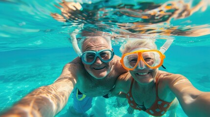 Naklejka premium Summer, senior happy couple takes selfie in tropical sea with water camera