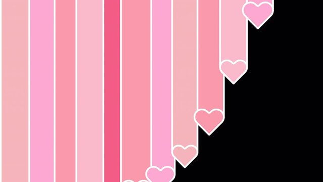 Pink heart transition motion graphic with alpha channel. Colorful vertical lines transition animated on transparent background. Love, valentine, romantic, wave, stripe.