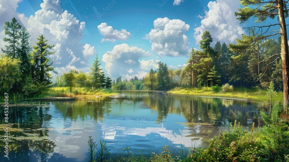 Poster summer scenery featuring a forest pond with trees and clouds in the background
