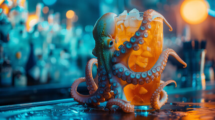 Atmospheric, dramatic, intense. Colorful octopus on the bar spilled orange drink in a nightclub. Perfect for capturing close up emotions