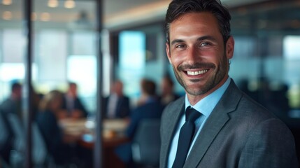 Fototapeta premium A businessman standing at the entrance to a boardroom with a group of coworkers meeting in the background