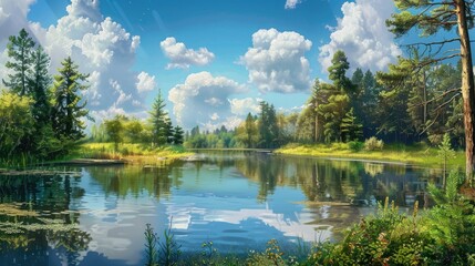 Obraz premium Summer scenery featuring a forest pond with trees and clouds in the background
