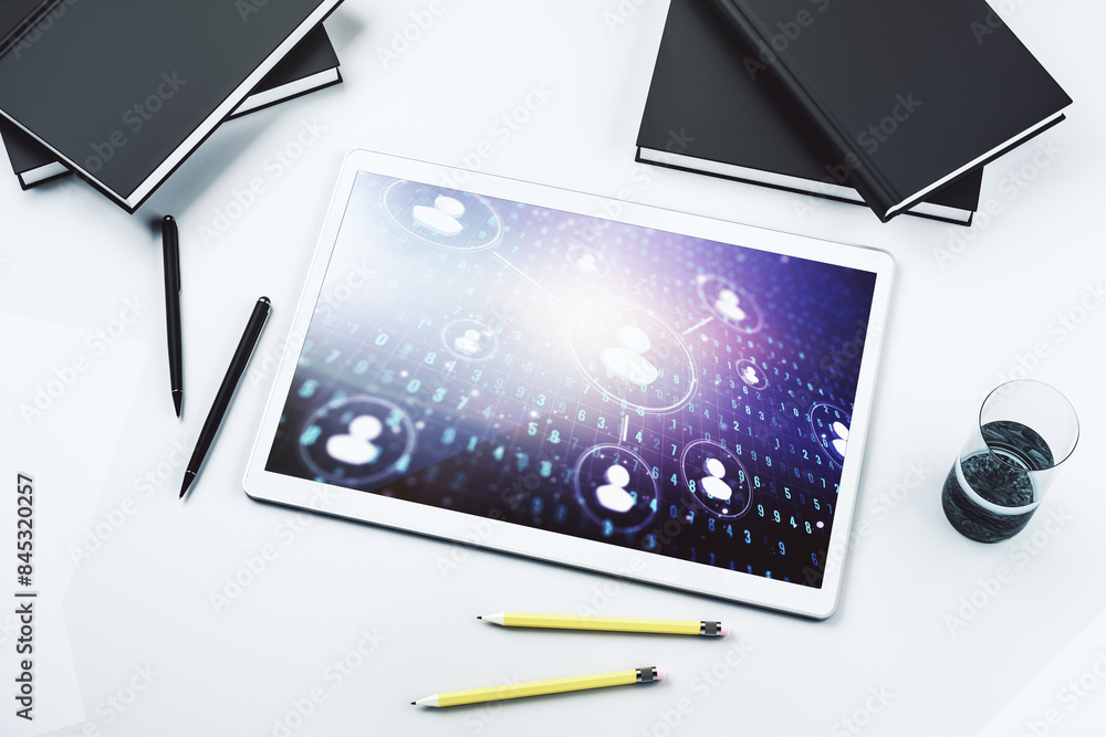 Leinwandbilder modern digital tablet screen with social network icons concept. networking concept. top view. 3d ren