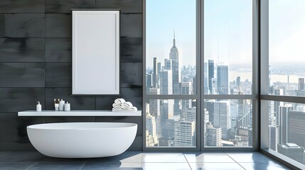 A modern bathroom interior with a large window overlooking the city, featuring a blank poster for mockups and a freestanding bathtub, 3D Rendering.