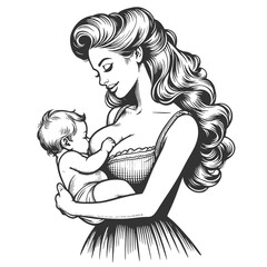 mother lovingly breastfeeding her baby, maternal care and vintage charm sketch engraving generative ai fictional character raster illustration. Scratch board imitation. Black and white image.