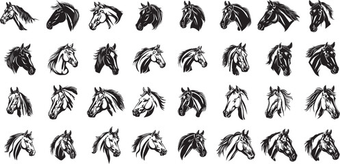 Set of horses heads silhouettes isolated on white background