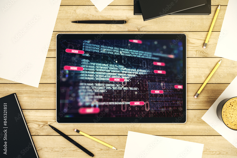 Poster top view of modern digital tablet display with abstract software development hologram, research and 
