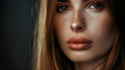 Fototapeta premium A beautiful young female model on a dark background with perfect skin, portrait of a girl of model appearance with straight hair
