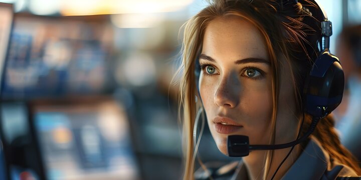 Woman 911 operator managing emergency calls in busy police station setting. Concept Emergency Response, Police Station Environment, Stressful Situations, Women in Leadership, 911 Operator