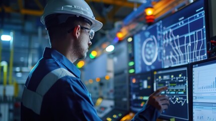 officials using smart grid technology to control and manage the electricity supply. There is a computer screen showing energy usage information.