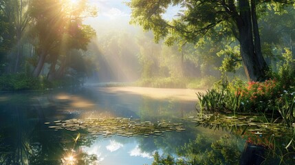 Fototapeta premium Landscape with a Misty Pond in the Morning Sun