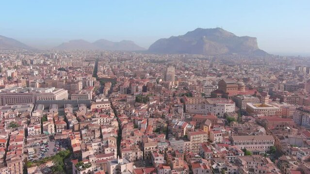 Palermo, Italy: Aerial view of famous opera house Teatro Massimo in capital city of Sicily island, sunny summer day with clear blue sky - landscape panorama of Europe from above
