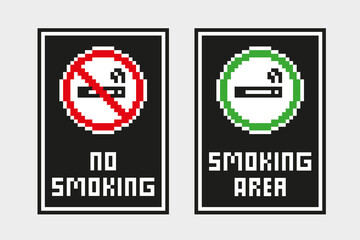 Pixel art sticker of no smoking sign and allowed smoking area sign. Vector illustration on isolated background.