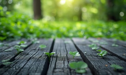 Fototapeta premium Empty wooden table background with leaves on blurred green nature background, product display