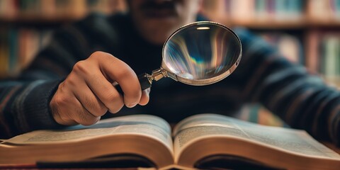 A detailed close-up of a person holding a magnifying glass, inspecting an open book, symbolizing research, study, curiosity, and the quest for knowledge and understanding.