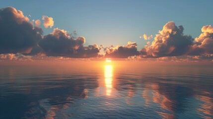 A new day begins The sun rises majestically above the clouds casting its reflection on serene waters