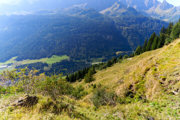 Scenic aerial view at mountain village of Airolo with Leventina Valley in the Swiss Alps on a sunny late summer day. Photo taken September 10th, 2023, Gotthard, Canton Ticino, Switzerland.