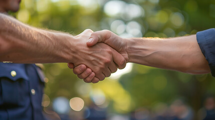 Close up shot of lifeguards shaking hands, concept of partnership, successful deal and task