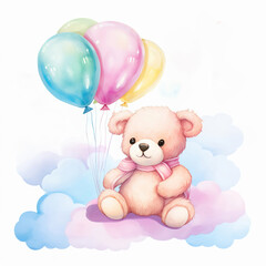 Watercolor clipart of An adorable teddy bear with a soft pink bow, clutching pastel balloons, gently rests on fluffy clouds, evoking childlike wonder and joy.