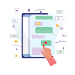 Hand interacts with a smartphone displaying a chat screen filled with colourful messages