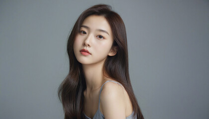 Fototapeta premium Koreans, 20s, long hair, pure, studio photos, gray background, flawless skin
