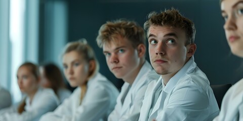 Fototapeta premium Young doctors in white lab coats attentively listening to lecture in conference room. Concept Medical Education, Doctors in Training, Conference Room Lecture, Healthcare Professionals