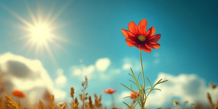 A single red flower stands tall against the bright blue sky with the sun shining, highlighting the flower's delicate petals and creating a stunning natural contrast.