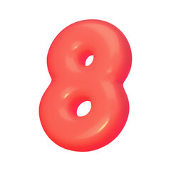 Number 8. Red digit eight in 3d style. Realistic design in cartoon balloon style, elements isolated on white background. Vector illustration