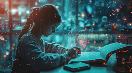 Obraz premium A girl sitting in front of the table reading a book Think about the science of physics. Graphic architecture covers the head