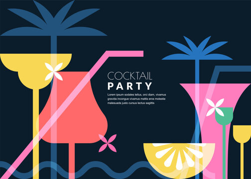 Night beach cocktails party banner, poster, flyer template. Summer tropical bar vector geometric illustration. Abstract color block flat background for alcohol list menu design - Powered by Adobe