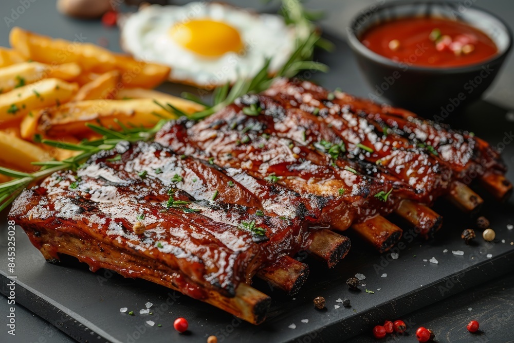 Wall mural Mouthwatering BBQ ribs served with fries and garnished with herbs on a dark plate