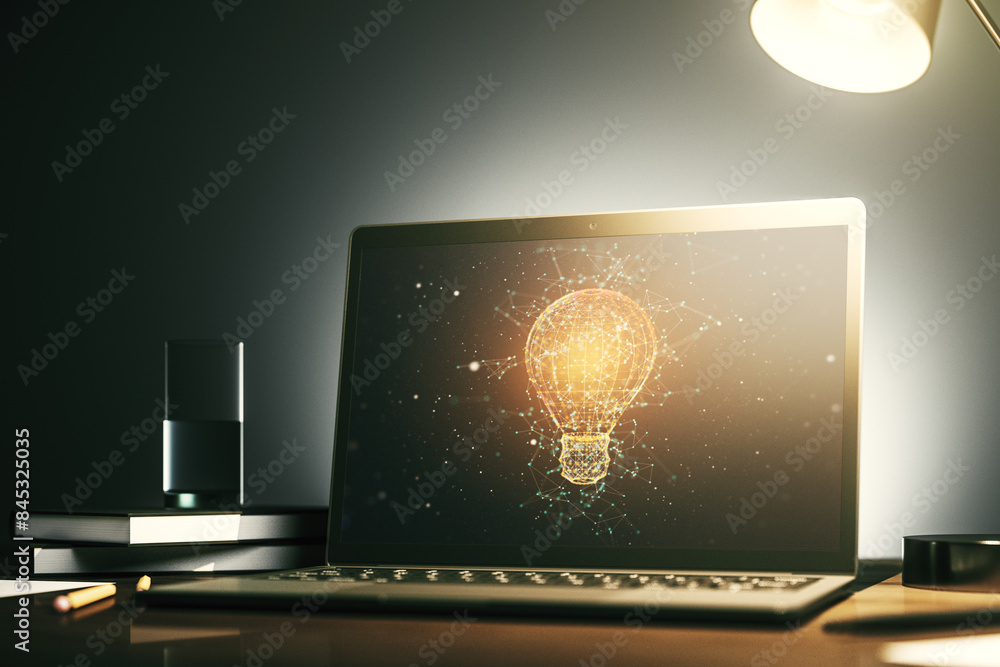 Poster creative light bulb hologram on modern laptop monitor, idea concept. 3d rendering