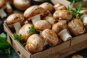 Brown mushrooms neatly arranged in a cardboard box with parsley on a textured blue backdrop