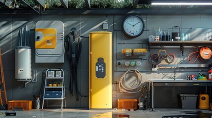 A battery cabinet with energy storage system installed in a home garage provides a backup or sustainable energy solution. 3D cartoon illustration