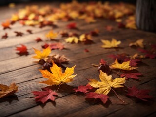 Autumn maple leaves on wooden table Falling leaves