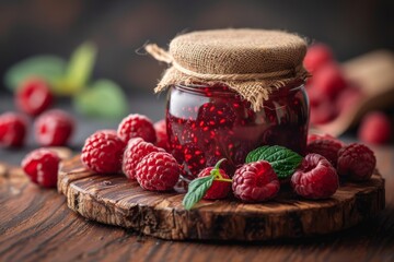 Artisanal raspberry jam in a jar surrounded by ripe berries, evoking homemade goodness and simplicity