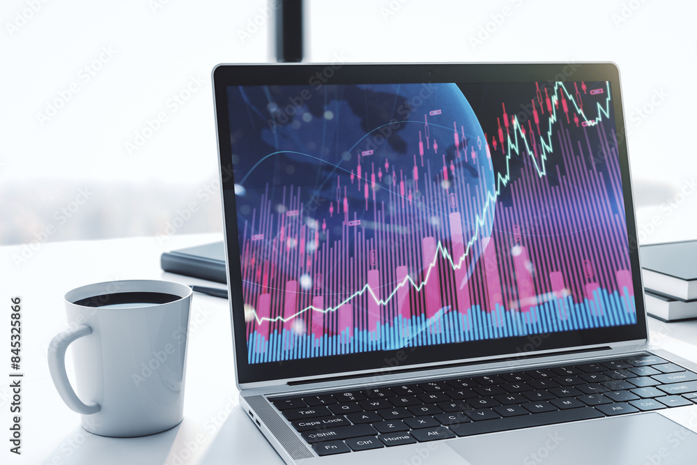 Poster Abstract creative financial graph with world map on modern laptop monitor, forex and investment concept. 3D Rendering