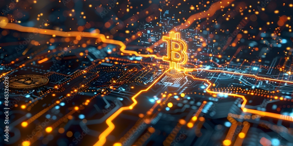 Poster conceptual artwork of a bitcoin network transaction initiation via lightning bolt
