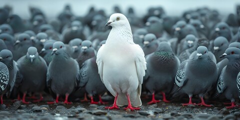 Courageous White Pigeon Standing Tall Amidst a Flock of Indifferent Grey Pigeons Conveying the Power of Standing Alone and Embracing One s Uniqueness