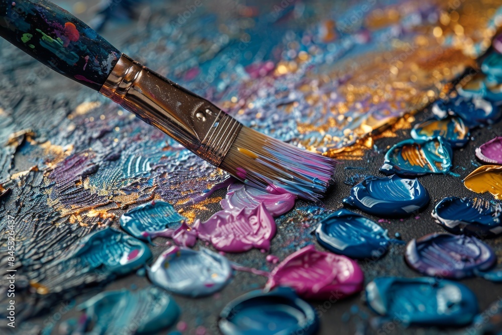 Poster a paintbrush is applying vibrant colors onto a textured canvas, creating dynamic strokes